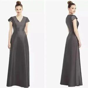 Alfred Sung Satin Twill Dress with Cap Sleeve in Caviar Gray NWT